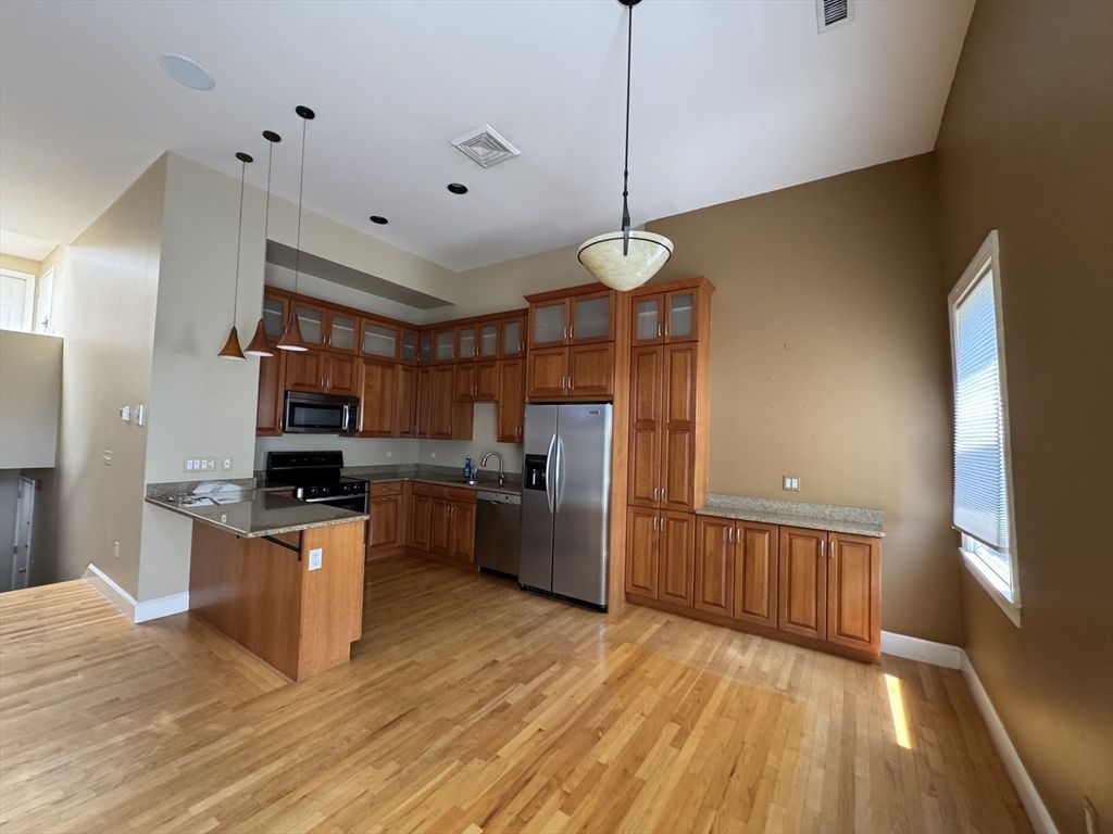 Interior, Kitchen, Pendant Lights, Stainless Steel Appliances, Wood Texture Flooring