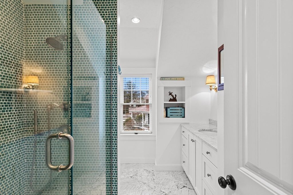 Bathroom, Glass Shower, Interior, Marble, Recessed Lighting