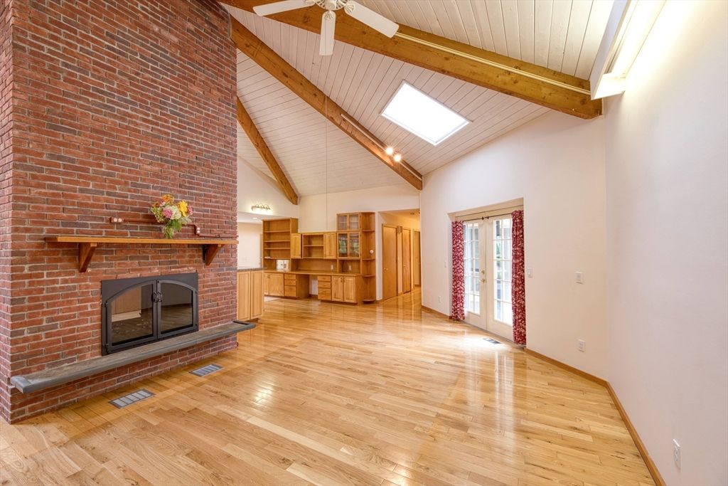 Empty room, Fireplace, Interior, Stone Walls, Wooden Beams, Wood Texture Flooring