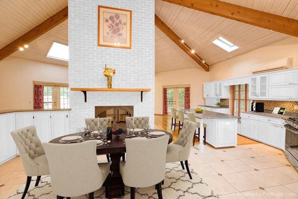 Dining room, Fireplace, Interior, Kitchen, Recessed Lighting, Wooden Beams, Wooden Ceilings