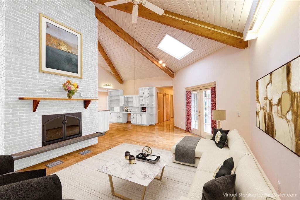 Fireplace, Interior, Living room, Stone Walls, Wooden Beams, Wood Texture Flooring