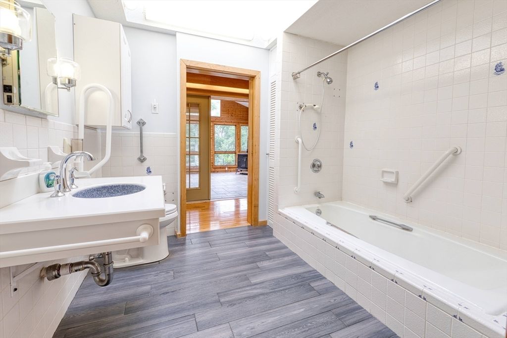 Bathroom, Glass Shower, Interior, Wood Texture Flooring
