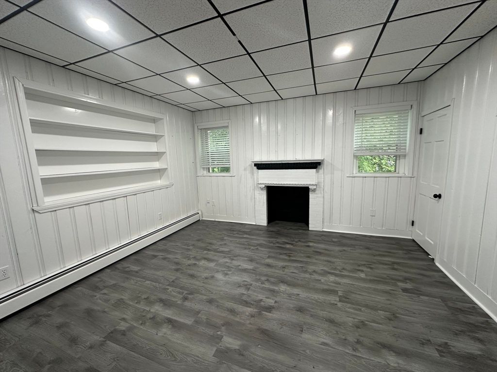 Empty room, Fireplace, Interior, Recessed Lighting, Wood Texture Flooring