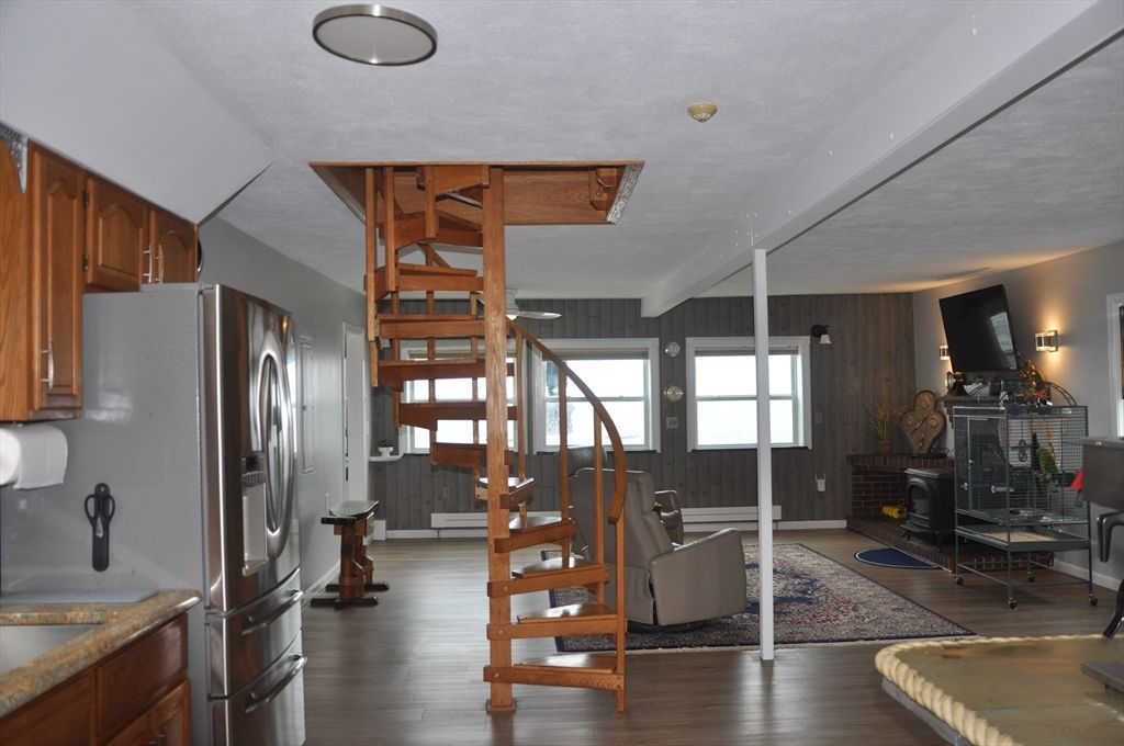 Fireplace, Interior, Kitchen, Wood Texture Flooring