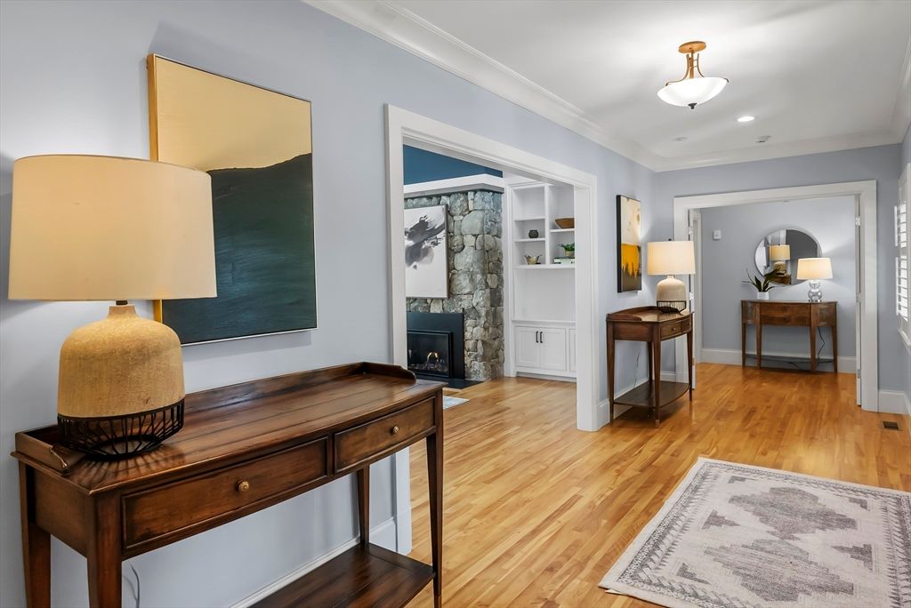 Fireplace, Interior, Recessed Lighting, Wood Texture Flooring