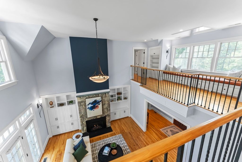 Fireplace, Interior, Pendant Lights, Recessed Lighting, Wood Texture Flooring
