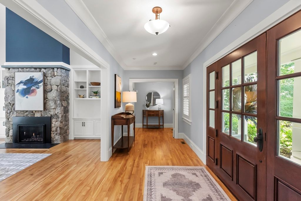 Fireplace, Interior, Recessed Lighting, Stone Walls, Wood Texture Flooring