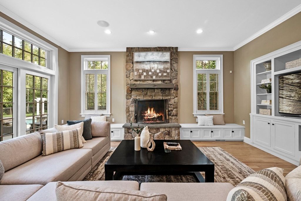 Fireplace, Interior, Living room, Recessed Lighting, Wood Texture Flooring