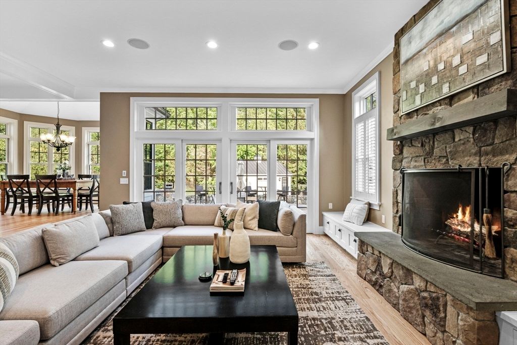Chandelier, Dining room, Fireplace, Interior, Living room, Recessed Lighting, Wood Texture Flooring