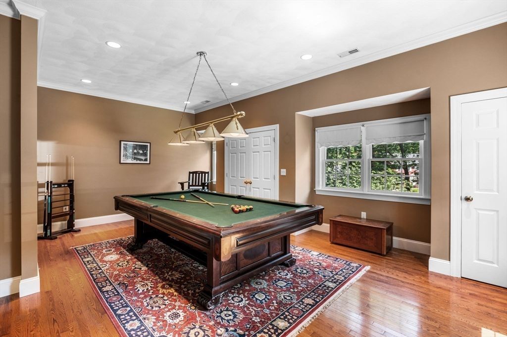Billiard Table, Game Room, Interior, Pendant Lights, Recessed Lighting, Wood Texture Flooring