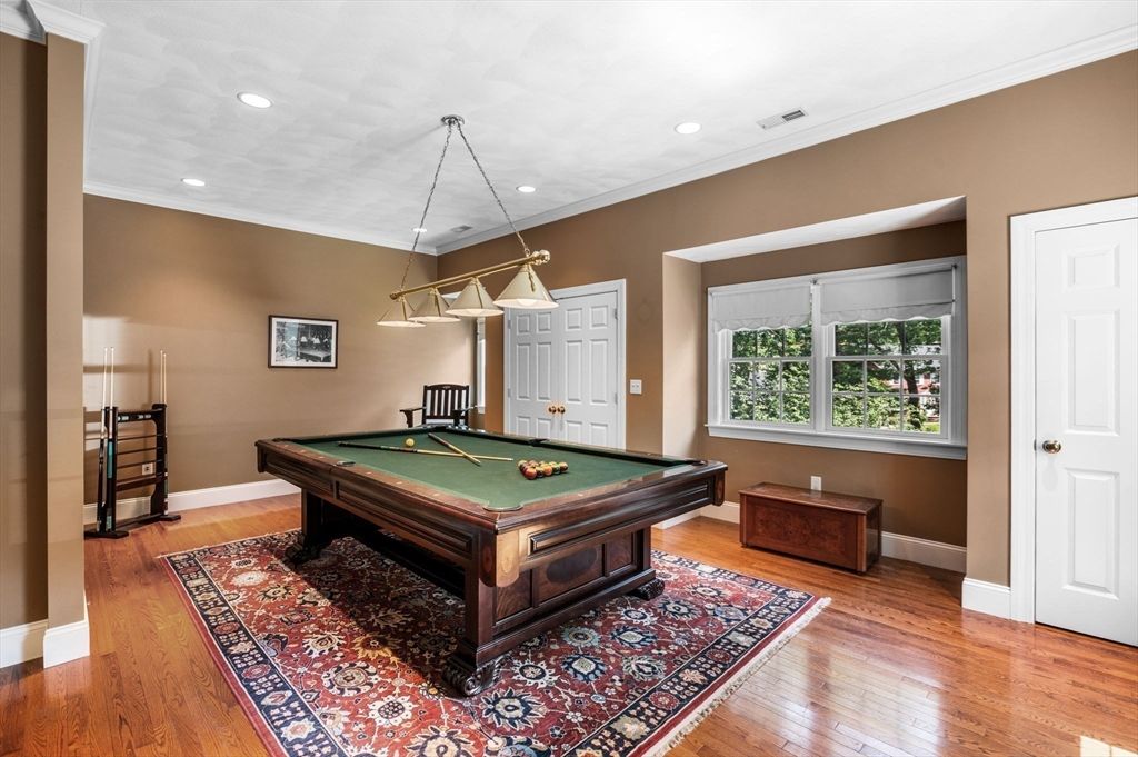 Billiard Table, Game Room, Interior, Pendant Lights, Recessed Lighting, Wood Texture Flooring