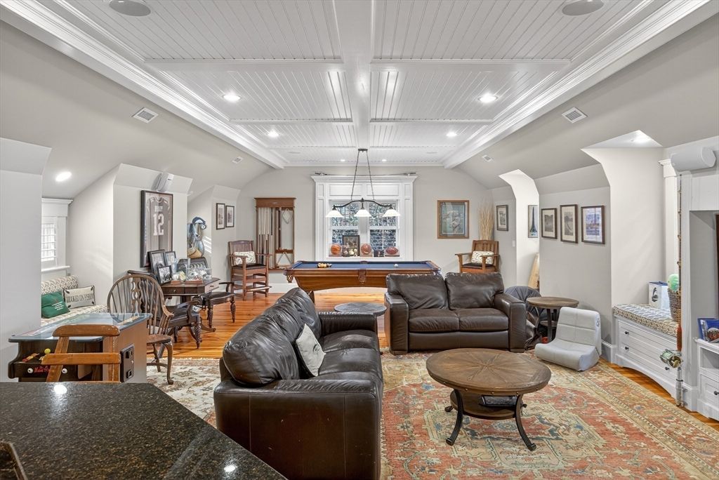 Billiard Table, Dining room, Game Room, Interior, Living room, Pendant Lights, Recessed Lighting, Wood Texture Flooring