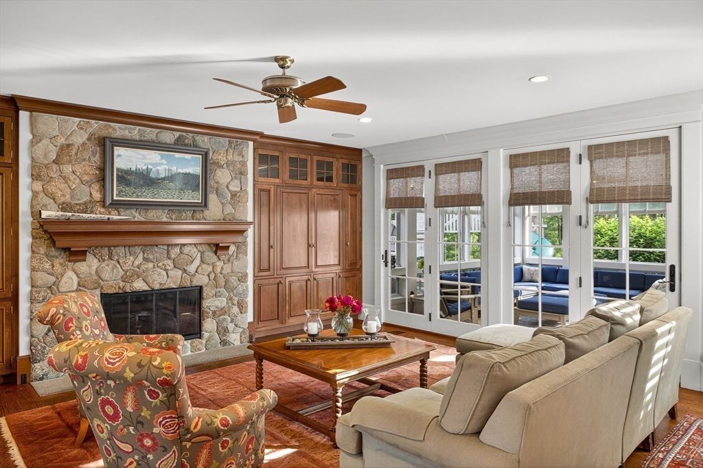 Fireplace, Interior, Living room, Recessed Lighting, Stone Walls, Wood Texture Flooring