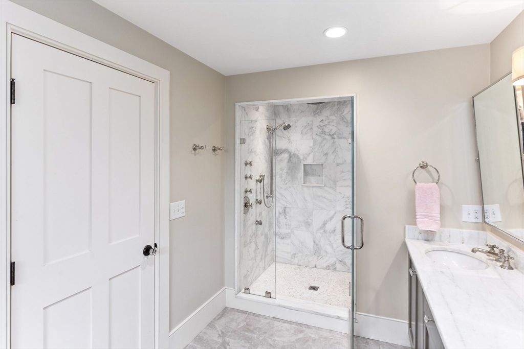Bathroom, Glass Shower, Interior, Marble Walls, Recessed Lighting