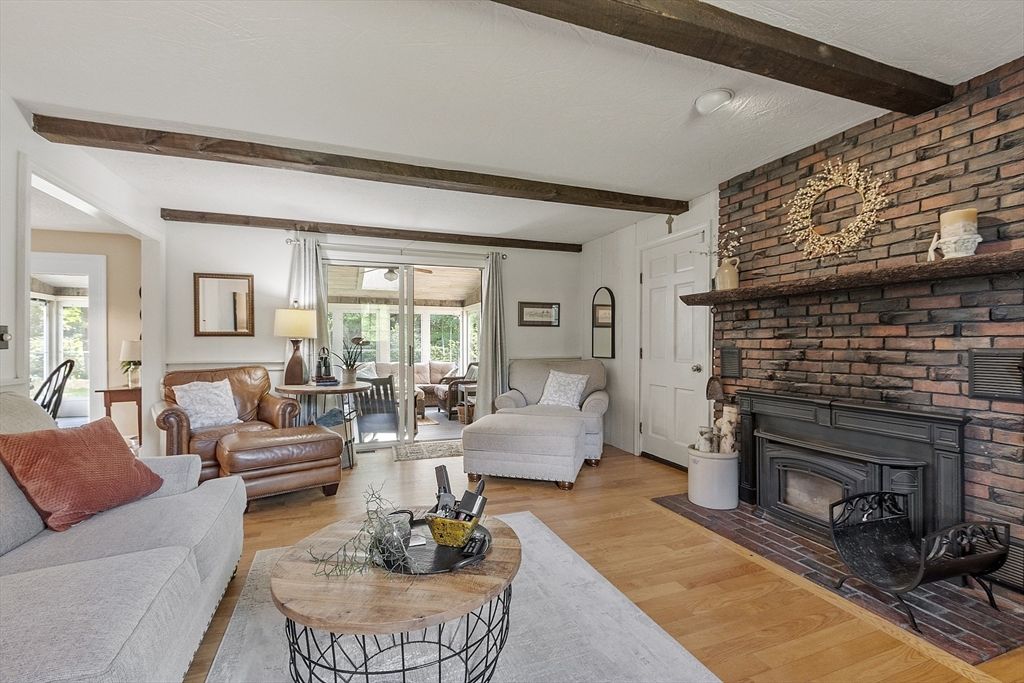 Fireplace, Interior, Living room, Stone Walls, Wooden Beams, Wood Texture Flooring