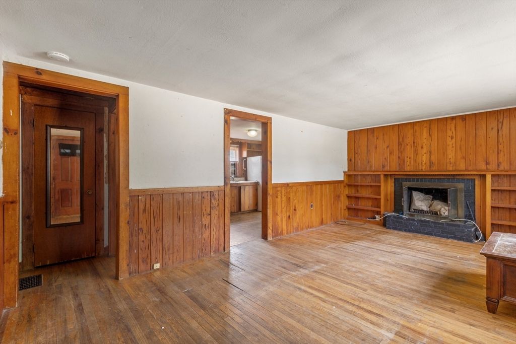 Empty room, Fireplace, Interior, Wood Texture Flooring, Wooden Walls