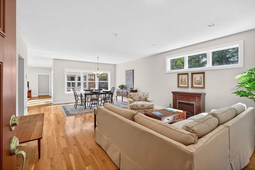 Chandelier, Dining room, Fireplace, Interior, Living room, Recessed Lighting, Wood Texture Flooring