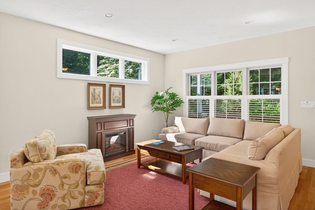 Fireplace, Interior, Living room, Recessed Lighting, Wood Texture Flooring