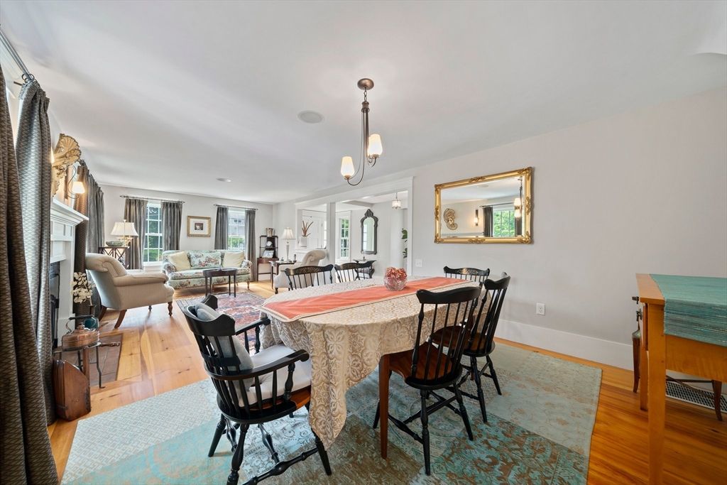 Dining room, Fireplace, Interior, Living room, Pendant Lights, Wood Texture Flooring