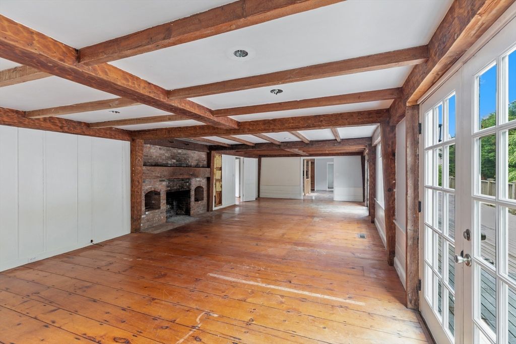 Empty room, Fireplace, Interior, Recessed Lighting, Wooden Beams, Wood Texture Flooring