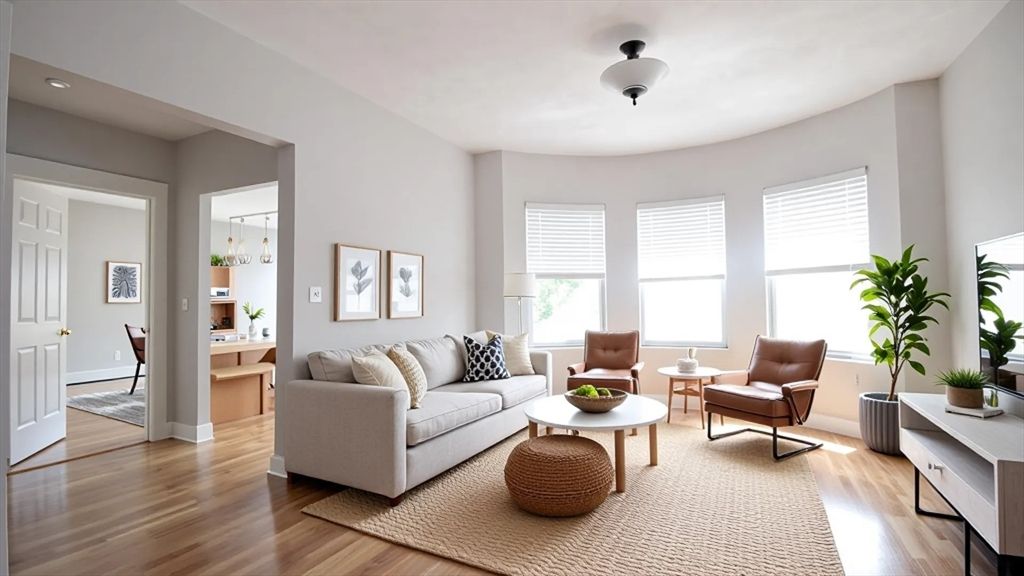 Dining room, Interior, Living room, Recessed Lighting, Wood Texture Flooring