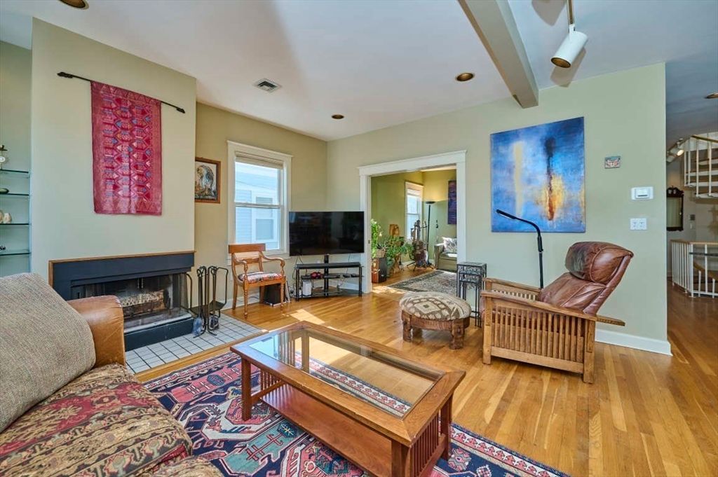 Fireplace, Interior, Living room, Recessed Lighting, Wood Texture Flooring