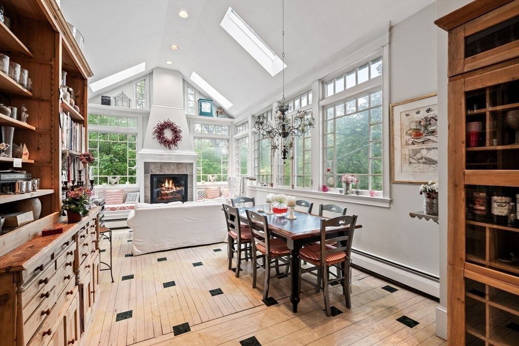Dining room, Fireplace, Interior, Living room, Recessed Lighting, Wood Texture Flooring