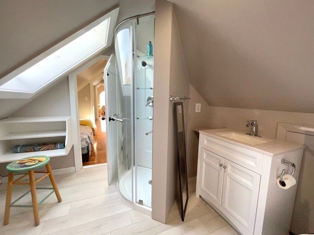 Bathroom, Glass Shower, Interior, Marble, Wood Texture Flooring