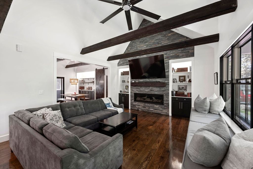 Dining room, Fireplace, Interior, Living room, Wooden Beams, Wood Texture Flooring