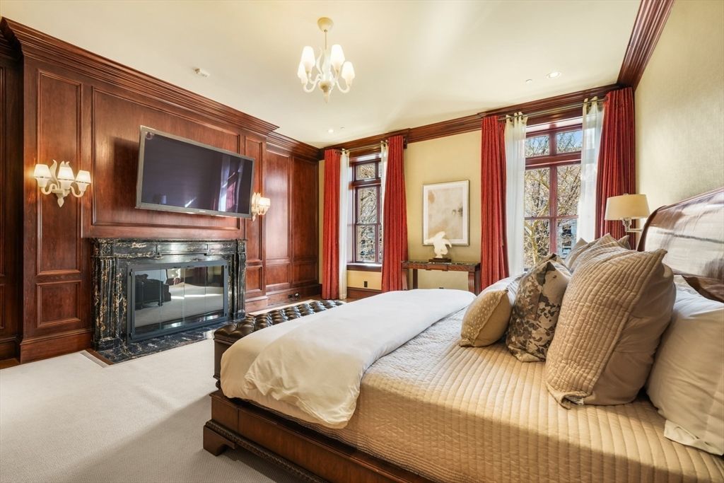Bedroom, Chandelier, Fireplace, Interior, Recessed Lighting, Wooden Walls