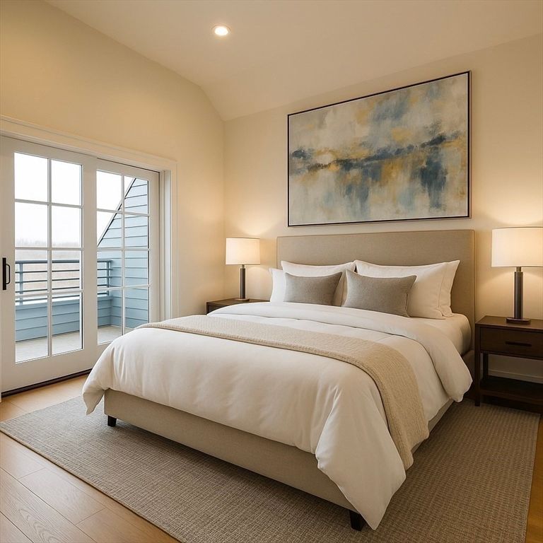 Bedroom, Interior, Recessed Lighting, Wood Texture Flooring