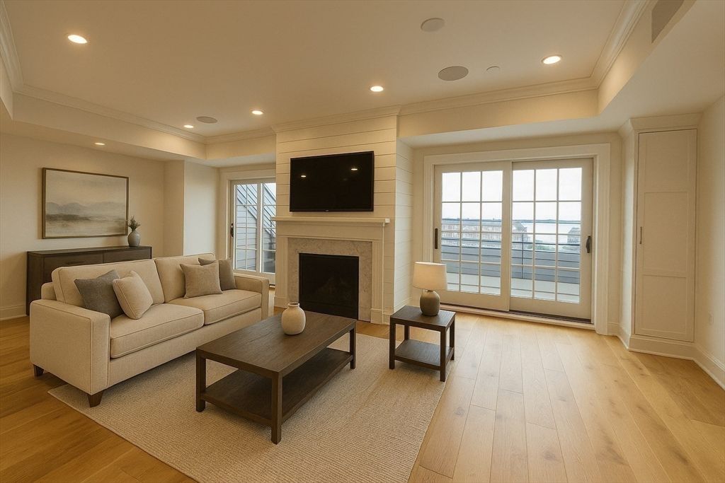 Fireplace, Interior, Living room, Recessed Lighting, Wood Texture Flooring