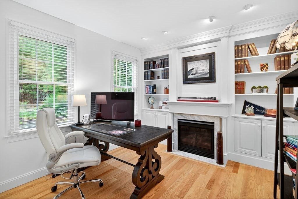 Fireplace, Home Office, Interior, Recessed Lighting, Wood Texture Flooring