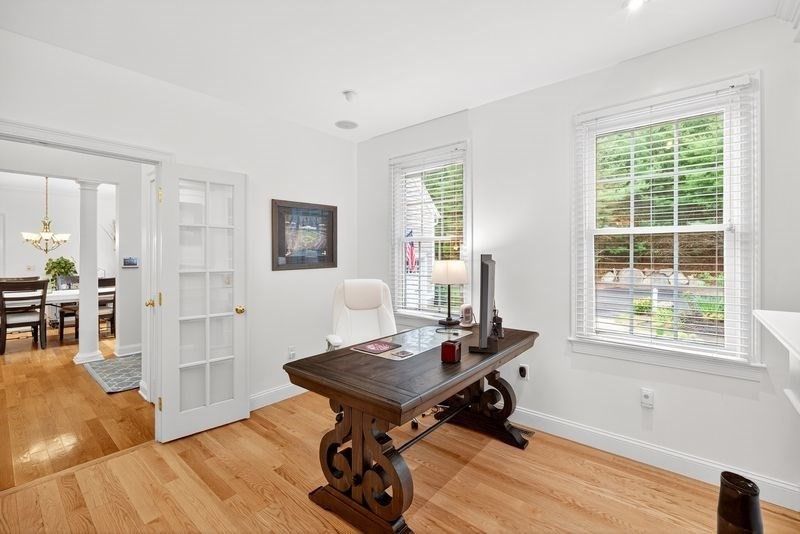 Chandelier, Home Office, Interior, Recessed Lighting, Wood Texture Flooring