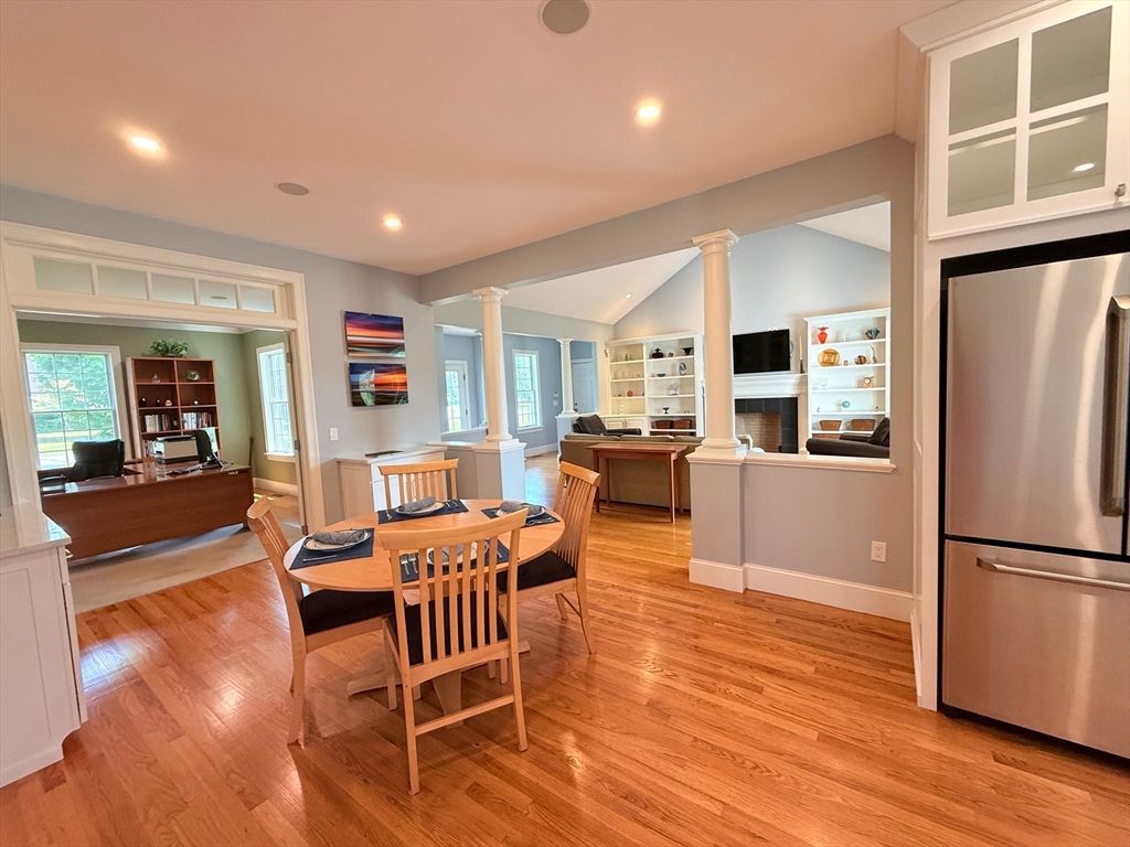 Dining room, Interior, Kitchen, Living room, Recessed Lighting, Wood Texture Flooring