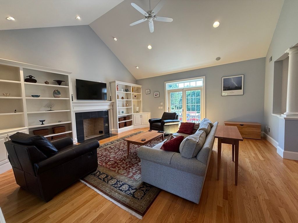 Fireplace, Interior, Living room, Recessed Lighting, Wood Texture Flooring