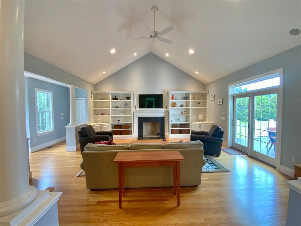 Fireplace, Interior, Living room, Recessed Lighting, Wood Texture Flooring