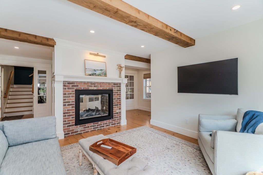 Fireplace, Interior, Living room, Recessed Lighting, Stone Walls, Wooden Beams, Wood Texture Flooring
