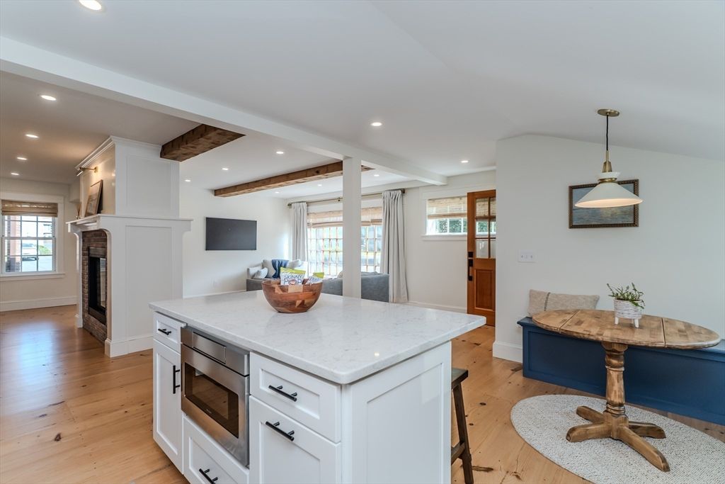 Fireplace, Interior, Kitchen, Pendant Lights, Recessed Lighting, Wooden Beams, Wood Texture Flooring