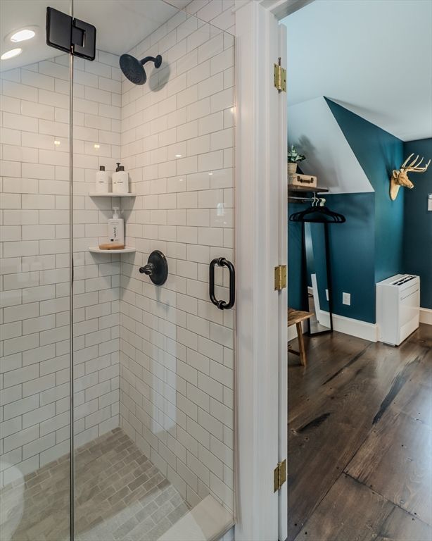 Bathroom, Glass Shower, Interior, Recessed Lighting, Wood Texture Flooring