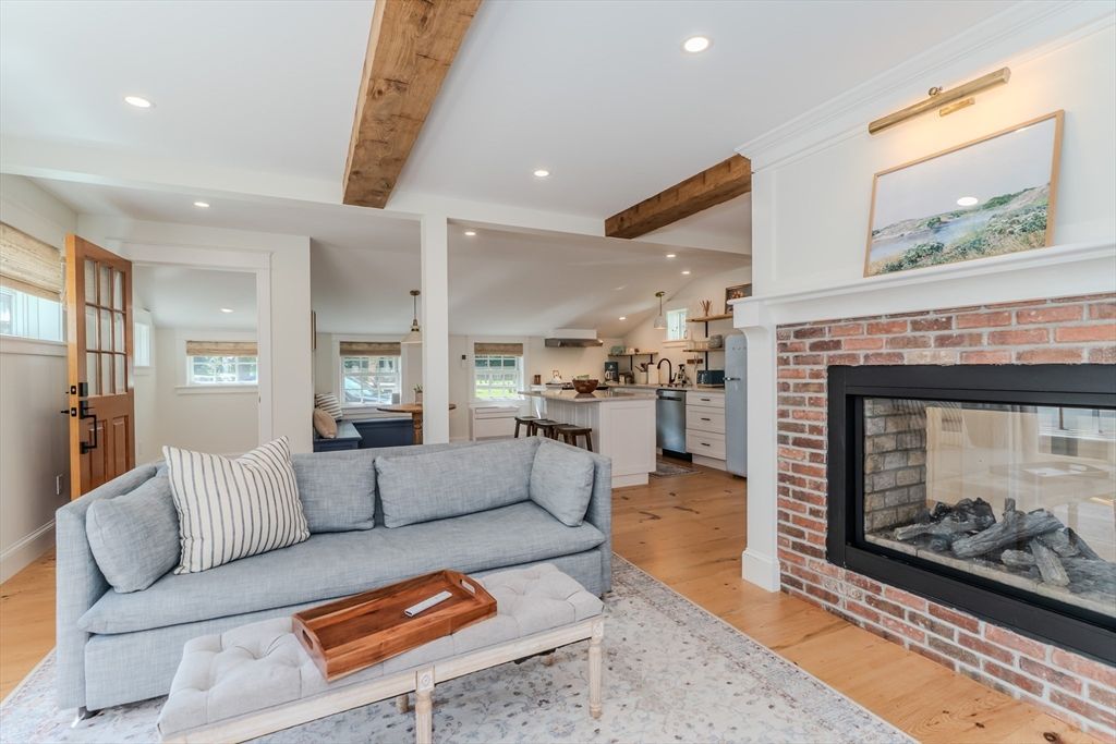 Fireplace, Interior, Kitchen, Living room, Pendant Lights, Recessed Lighting, Stone Walls, Wooden Beams, Wood Texture Flooring