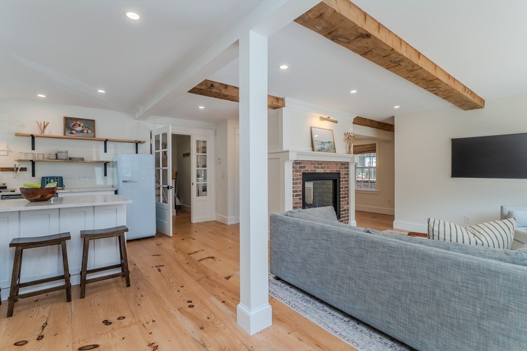 Fireplace, Interior, Living room, Recessed Lighting, Wooden Beams, Wood Texture Flooring