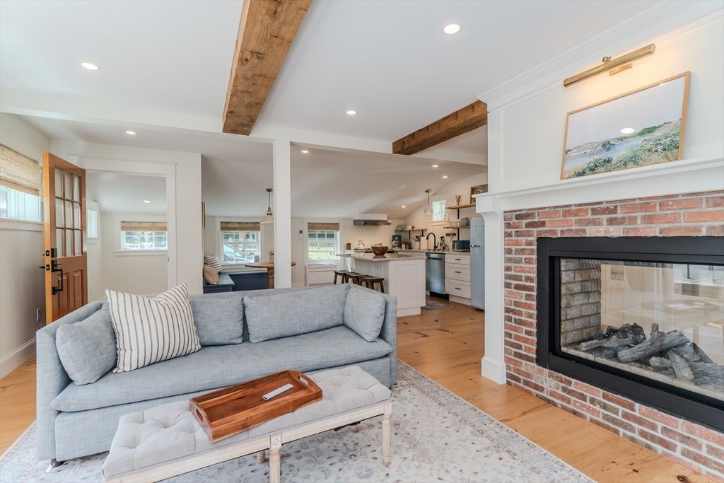 Fireplace, Interior, Kitchen, Living room, Pendant Lights, Recessed Lighting, Stone Walls, Wooden Beams, Wood Texture Flooring