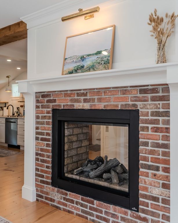 Fireplace, Interior, Recessed Lighting, Stone Walls, Wood Texture Flooring