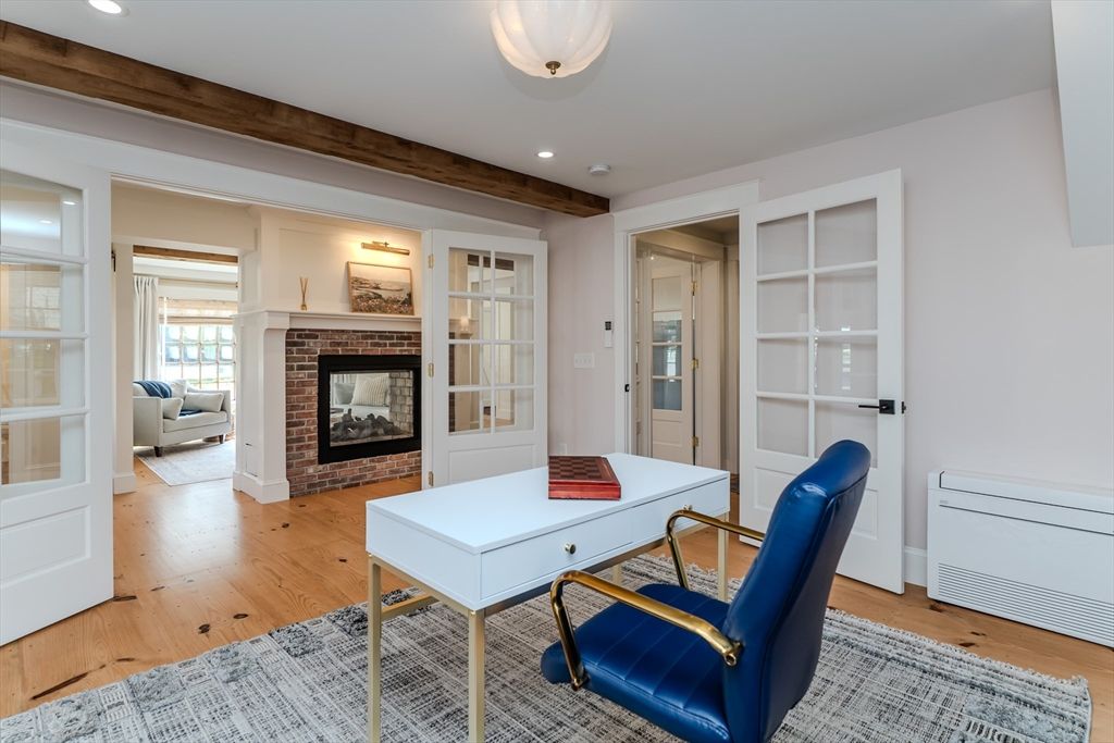 Fireplace, Home Office, Interior, Recessed Lighting, Wood Texture Flooring