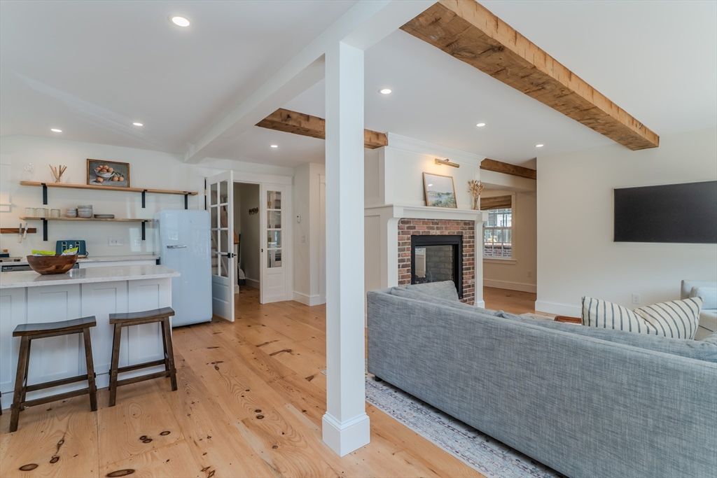 Fireplace, Interior, Living room, Recessed Lighting, Wooden Beams, Wood Texture Flooring