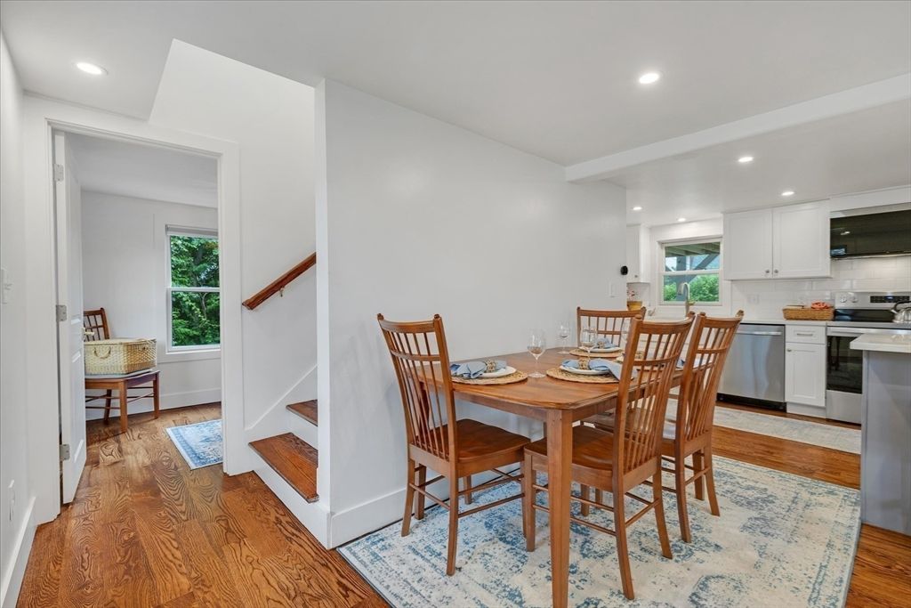 Dining room, Interior, Kitchen, Recessed Lighting, Stainless Steel Appliances, Wood Texture Flooring