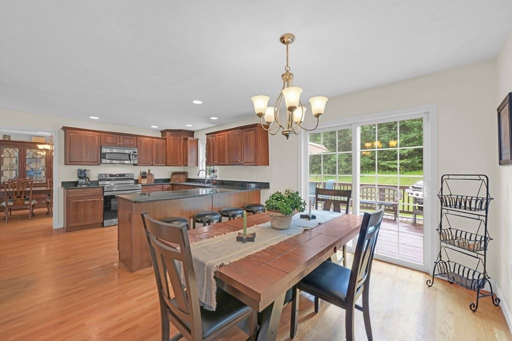 Chandelier, Dining room, Interior, Kitchen, Recessed Lighting, Stainless Steel Appliances, Wood Texture Flooring