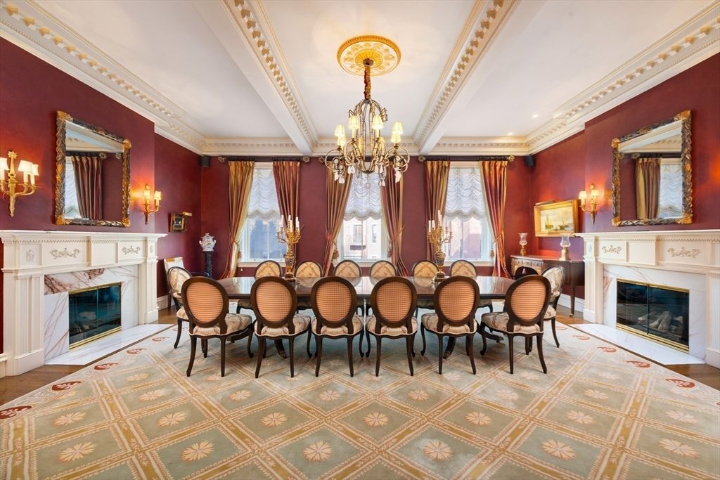 Chandelier, Dining room, Fireplace, Interior, Recessed Lighting