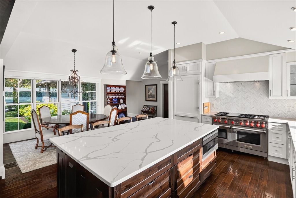 Chandelier, Dining room, Interior, Kitchen, Pendant Lights, Recessed Lighting, Stainless Steel Appliances, Water, Wood Texture Flooring